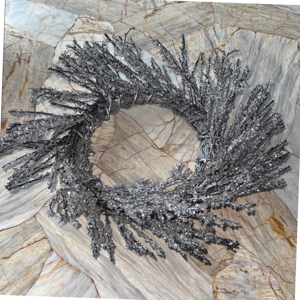 Frosted‎ Silver Glitter Icy Twig Wreath Winter Holiday Christmas Home Decor 20in